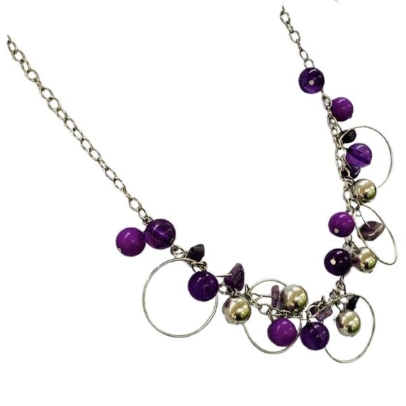 Purple Cluster Beaded Necklace 20" Circle Fashion Statement - Picture 5 of 11